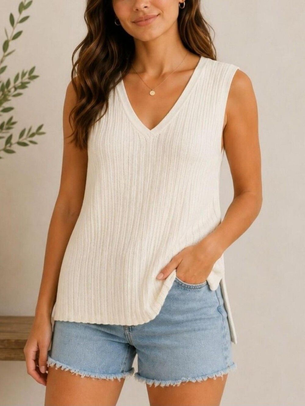 Free People Beach Cream Ivory Linen Blend Veda Ribbed Sleeveless Top Size Medium